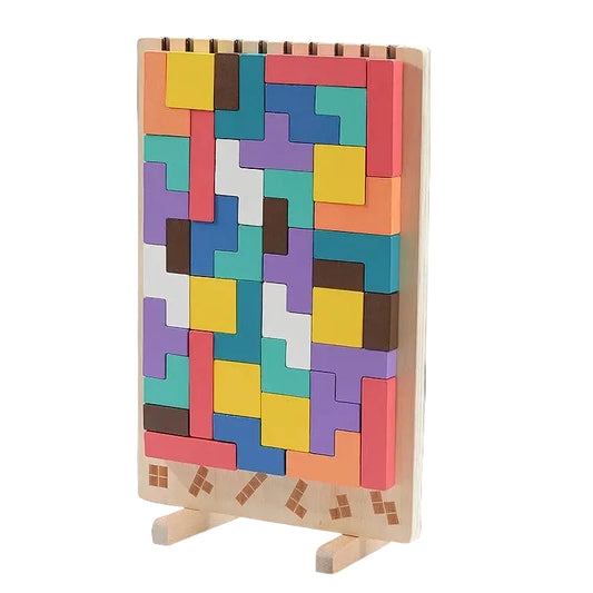 Colorful wooden block puzzle on a stand with a white background