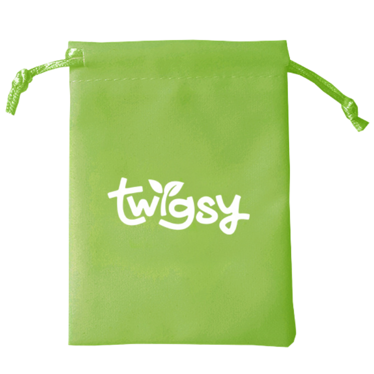 Green drawstring pouch with 'twigsy' logo on a white background
