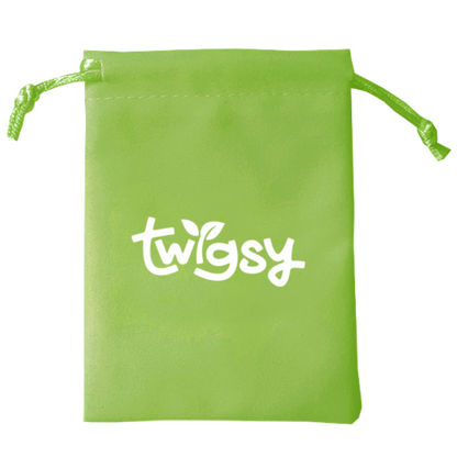 Green drawstring pouch with 'twigsy' logo on a white background