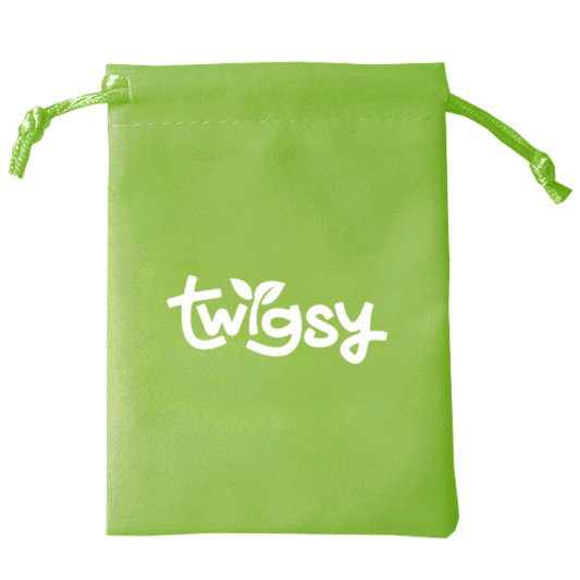 Green drawstring pouch with 'twigsy' logo on a white background