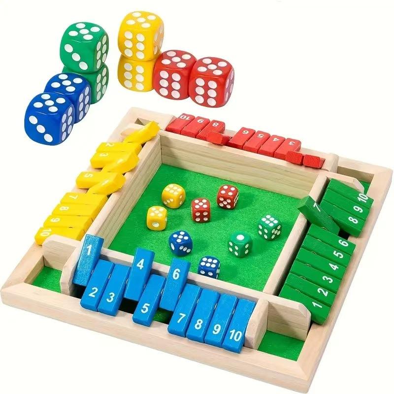 Dice game set with colorful dice and wooden board on a white background