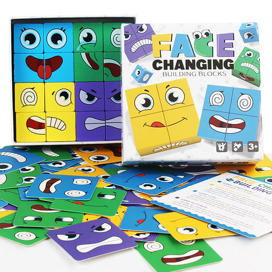 Face-changing building blocks with colorful faces and packaging on a white background