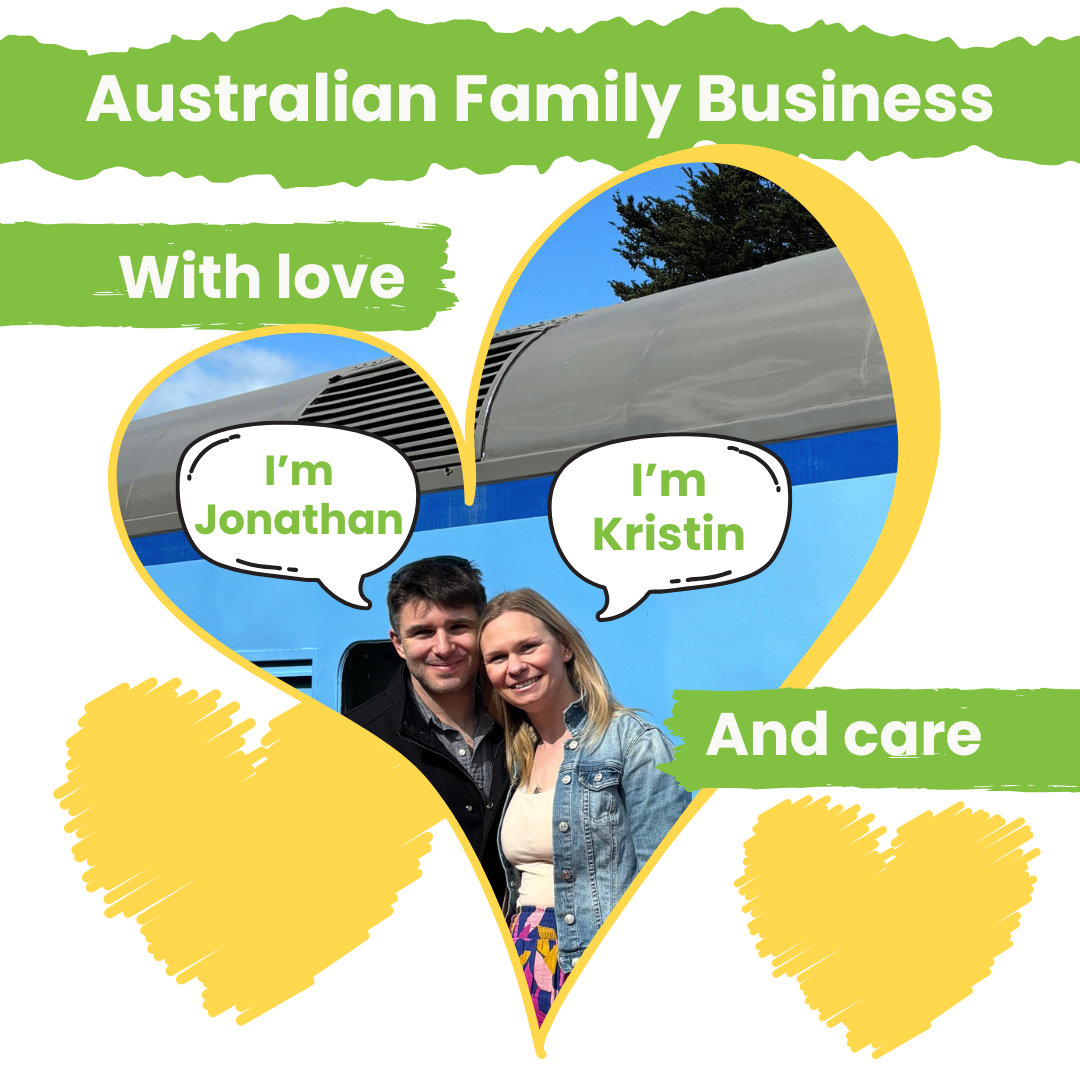 Couple with text 'I'm Jonathan' and 'I'm Kristin' with a heart-shaped frame and 'Australian Family Business With love And care' text.